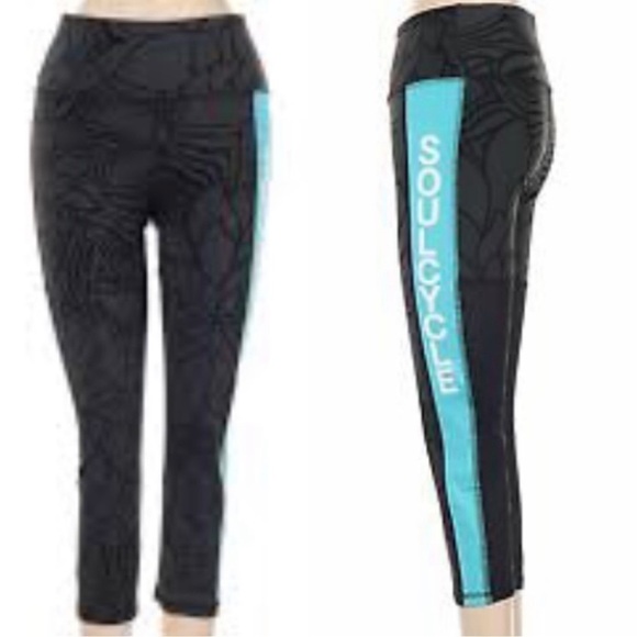 SoulCycle Grey Black Blue Floral Mesh Cutout Cropped Spin Athletic Leggings - Picture 7 of 7
